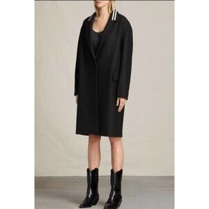 All Saints Oren Rib Wool Coat Women XS Black Long Sleeves Overcoat Italian Cloth